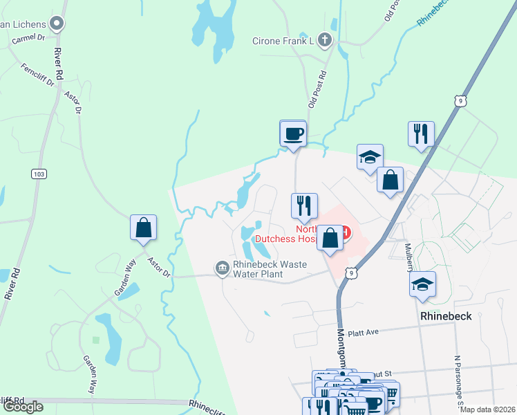 map of restaurants, bars, coffee shops, grocery stores, and more near 31 Pond Drive East in Rhinebeck