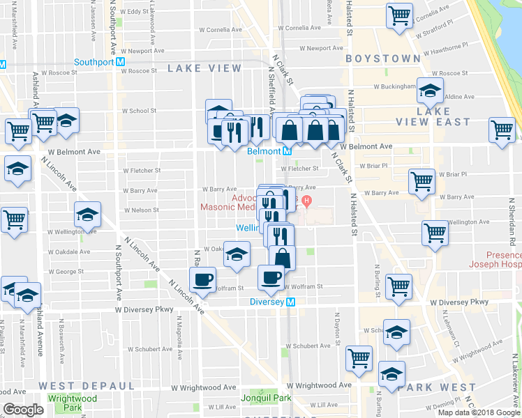 map of restaurants, bars, coffee shops, grocery stores, and more near 3024 North Kenmore Avenue in Chicago