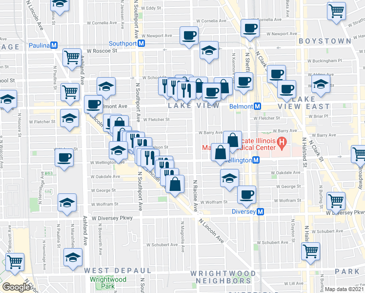 map of restaurants, bars, coffee shops, grocery stores, and more near 1225 West Nelson Street in Chicago