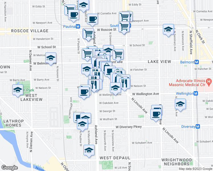 map of restaurants, bars, coffee shops, grocery stores, and more near 1530 West Nelson Street in Chicago