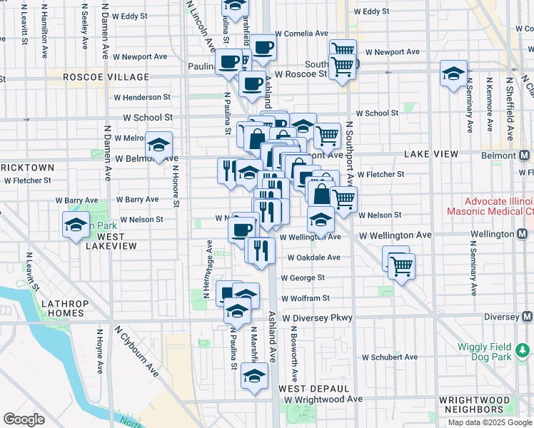 map of restaurants, bars, coffee shops, grocery stores, and more near 1610 West Nelson Street in Chicago