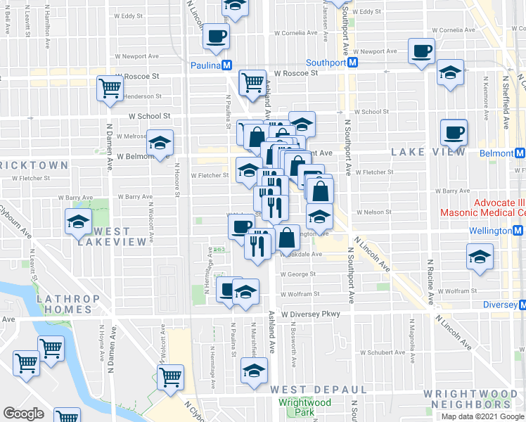 map of restaurants, bars, coffee shops, grocery stores, and more near 1610 West Nelson Street in Chicago