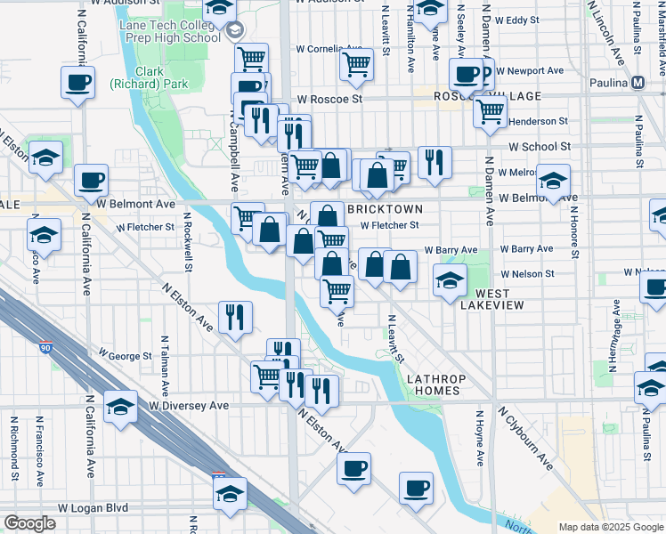 map of restaurants, bars, coffee shops, grocery stores, and more near 3064 North Clybourn Avenue in Chicago