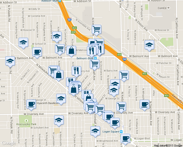 map of restaurants, bars, coffee shops, grocery stores, and more near 3042 North Kimball Avenue in Chicago