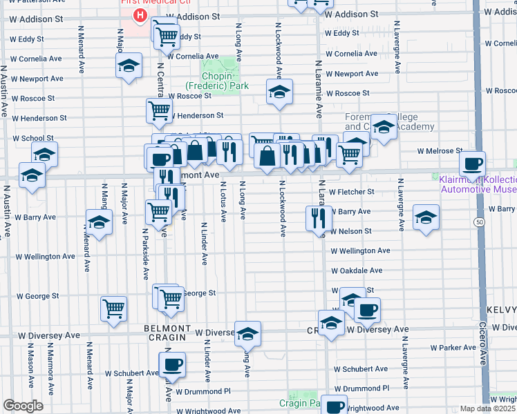 map of restaurants, bars, coffee shops, grocery stores, and more near 5334 West Barry Avenue in Chicago