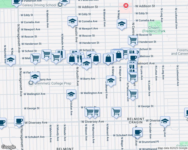 map of restaurants, bars, coffee shops, grocery stores, and more near 5900 West Barry Avenue in Chicago