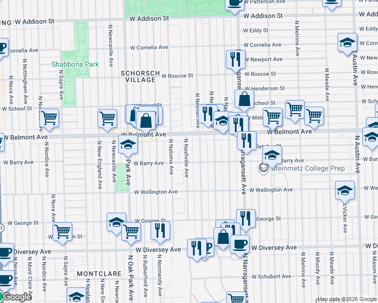 map of restaurants, bars, coffee shops, grocery stores, and more near 3115 North Nashville Avenue in Chicago