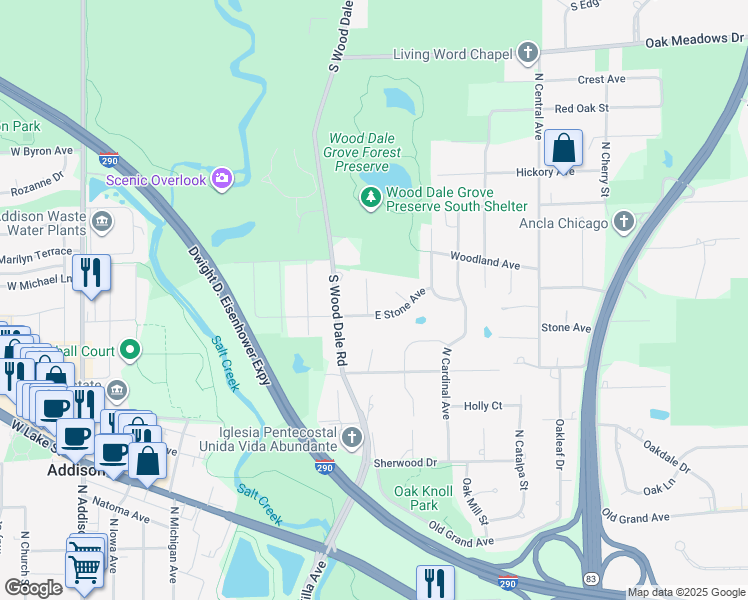 map of restaurants, bars, coffee shops, grocery stores, and more near 457 Elmwood Avenue in Addison