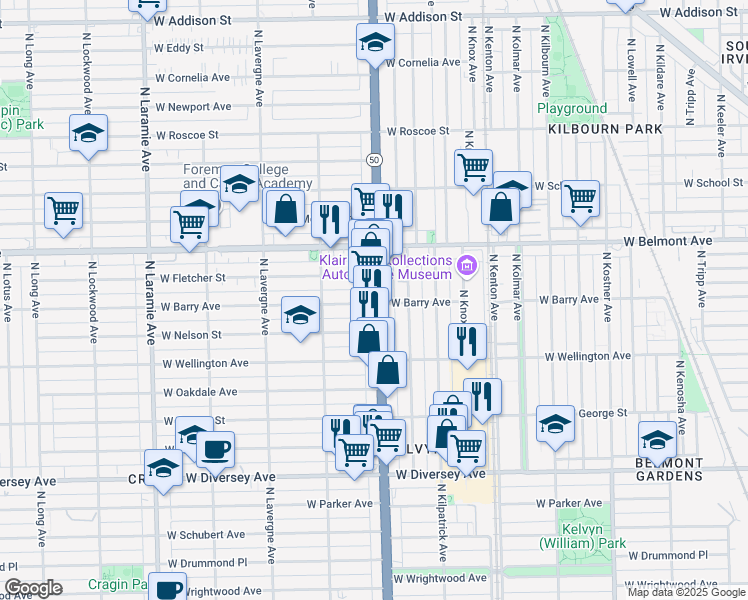 map of restaurants, bars, coffee shops, grocery stores, and more near 3100 Illinois 50 in Chicago