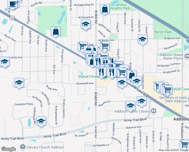 map of restaurants, bars, coffee shops, grocery stores, and more near 520 North Mill Road in Addison