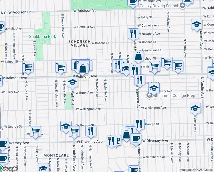 map of restaurants, bars, coffee shops, grocery stores, and more near 3115 North Nashville Avenue in Chicago