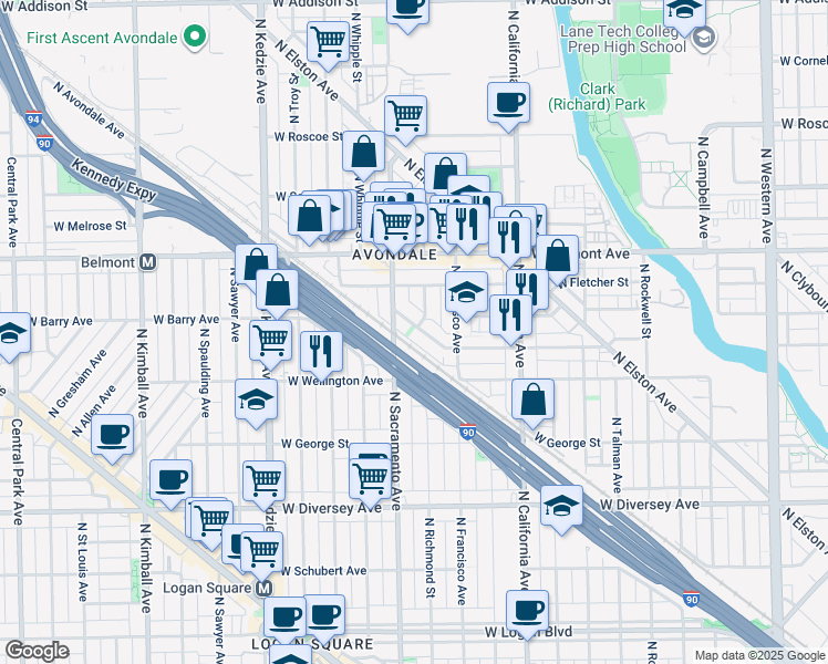 map of restaurants, bars, coffee shops, grocery stores, and more near 2949 West Nelson Street in Chicago