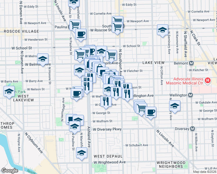 map of restaurants, bars, coffee shops, grocery stores, and more near 3031 North Greenview Avenue in Chicago