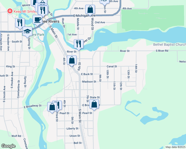 map of restaurants, bars, coffee shops, grocery stores, and more near 602 8th Street in Three Rivers