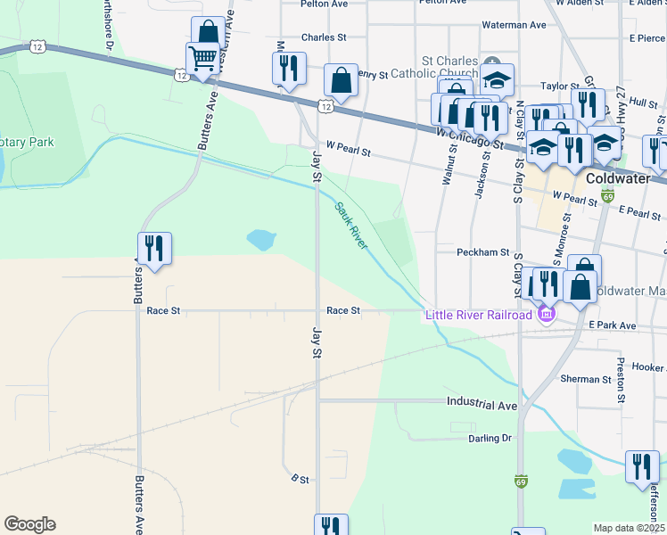 map of restaurants, bars, coffee shops, grocery stores, and more near 191 Jay Street in Coldwater