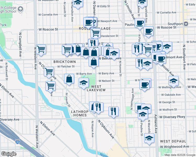 map of restaurants, bars, coffee shops, grocery stores, and more near 3039 North Damen Avenue in Chicago
