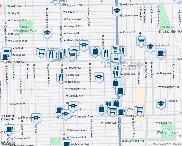 map of restaurants, bars, coffee shops, grocery stores, and more near 3103 North Lavergne Avenue in Chicago