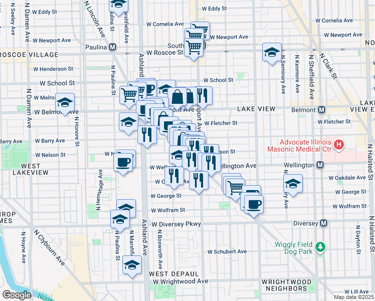 map of restaurants, bars, coffee shops, grocery stores, and more near 3033 North Lincoln Avenue in Chicago