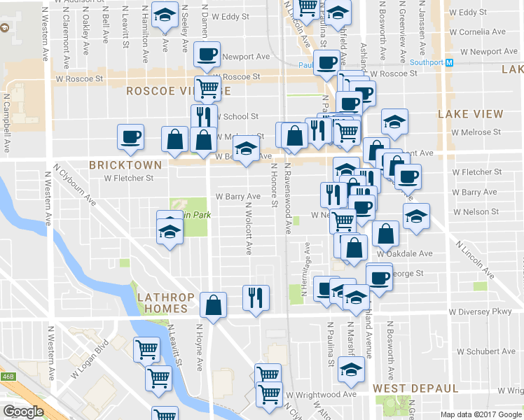 map of restaurants, bars, coffee shops, grocery stores, and more near 1834 West Nelson Street in Chicago