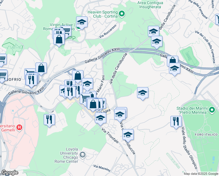 map of restaurants, bars, coffee shops, grocery stores, and more near 4 Via Angelina Marsciano in Roma