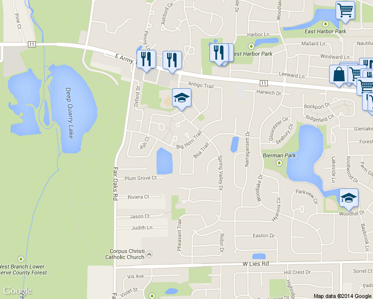 map of restaurants, bars, coffee shops, grocery stores, and more near 1340 Big Horn Trail in Carol Stream