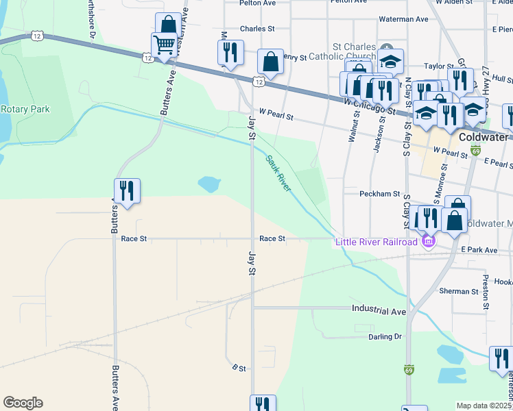 map of restaurants, bars, coffee shops, grocery stores, and more near 191 Jay Street in Coldwater