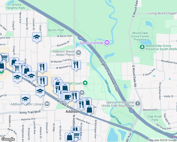 map of restaurants, bars, coffee shops, grocery stores, and more near 527 Chestnut Street in Addison