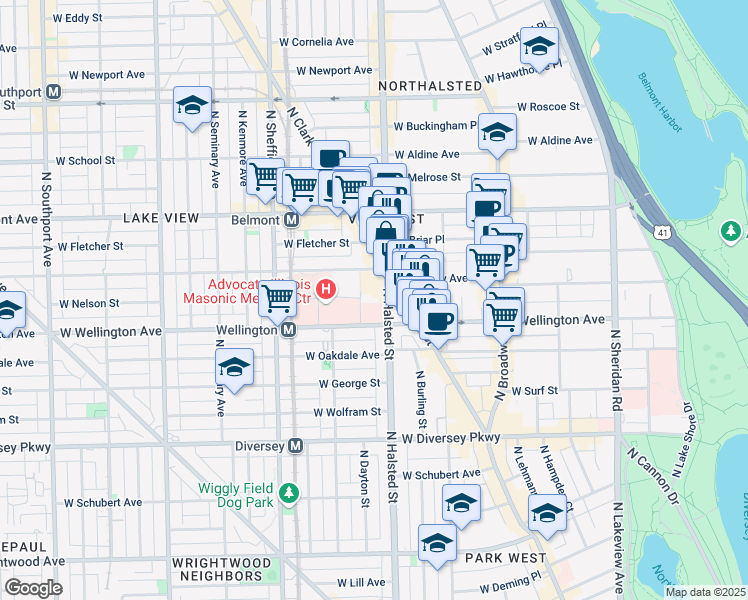 map of restaurants, bars, coffee shops, grocery stores, and more near 3028 North Halsted Street in Chicago