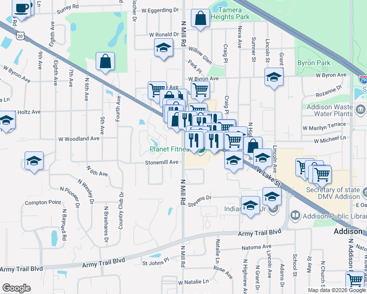map of restaurants, bars, coffee shops, grocery stores, and more near 520 North Mill Road in Addison