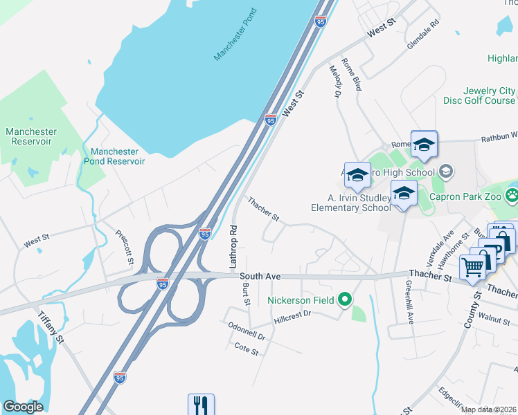 map of restaurants, bars, coffee shops, grocery stores, and more near 748 Thacher Street in Attleboro