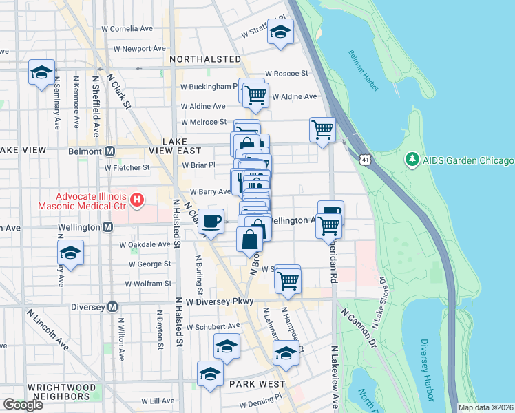 map of restaurants, bars, coffee shops, grocery stores, and more near 3021 North Broadway in Chicago