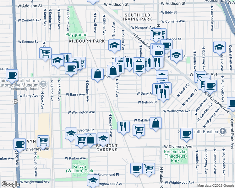 map of restaurants, bars, coffee shops, grocery stores, and more near West Barry Avenue in Chicago