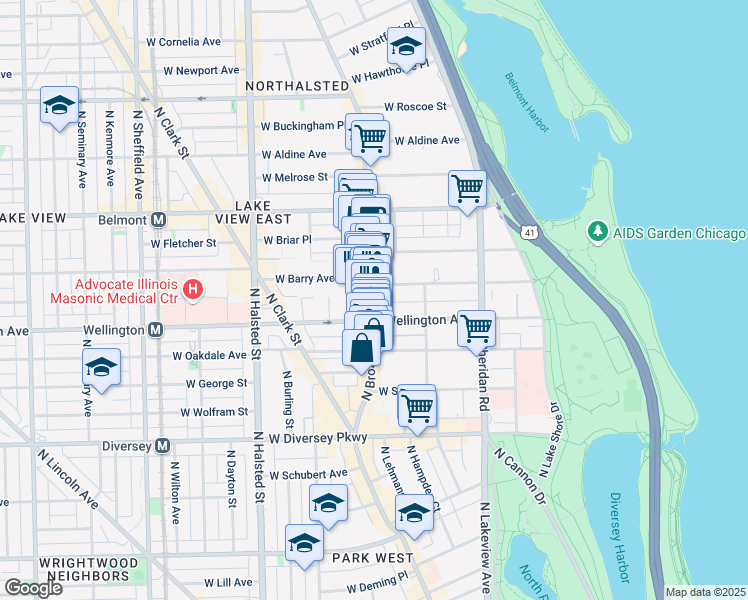 map of restaurants, bars, coffee shops, grocery stores, and more near 3021 North Broadway in Chicago