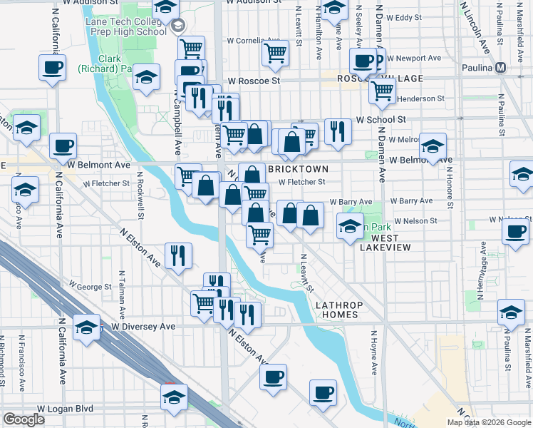 map of restaurants, bars, coffee shops, grocery stores, and more near 3064 North Clybourn Avenue in Chicago