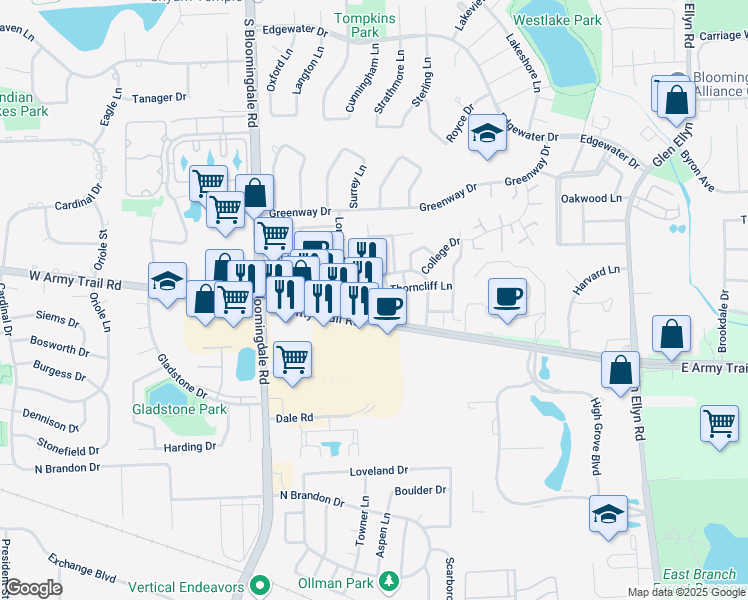 map of restaurants, bars, coffee shops, grocery stores, and more near 320 East Army Trail Road in Glendale Heights