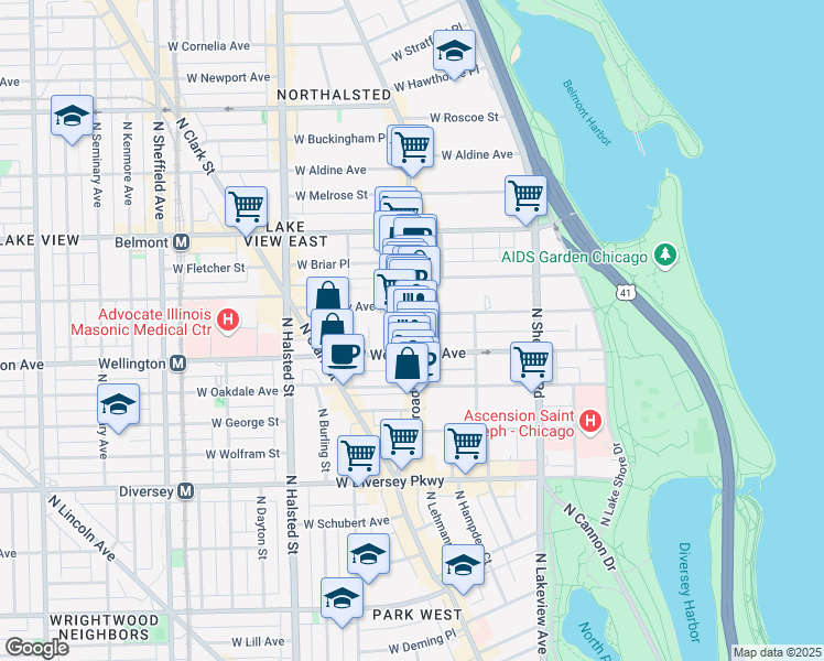 map of restaurants, bars, coffee shops, grocery stores, and more near 3030 North Broadway Street in Chicago