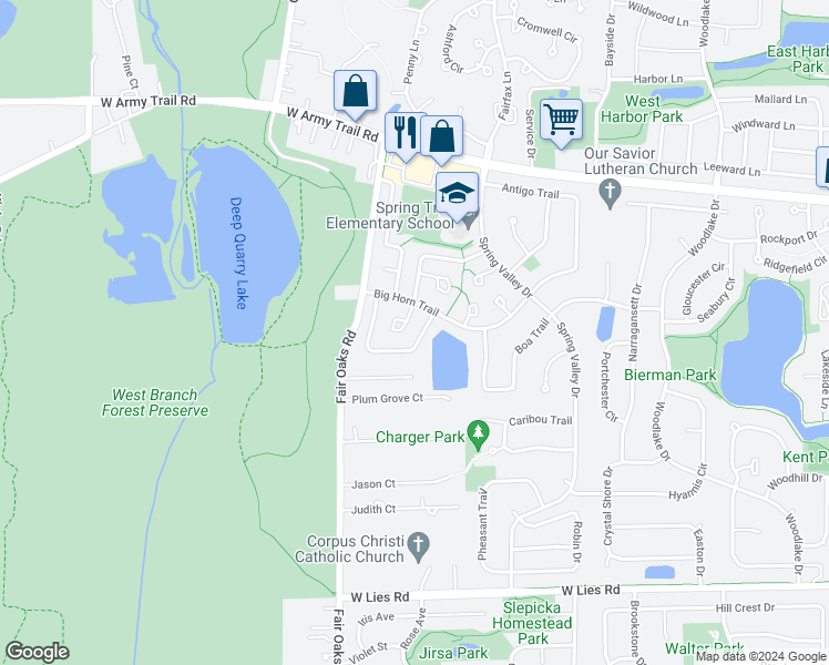 map of restaurants, bars, coffee shops, grocery stores, and more near 1415 Walnut Circle in Carol Stream