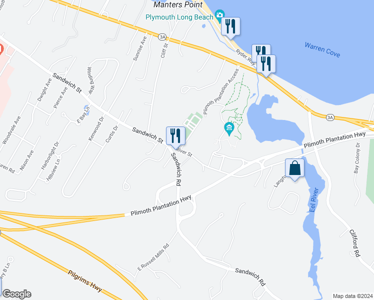 map of restaurants, bars, coffee shops, grocery stores, and more near in Plymouth