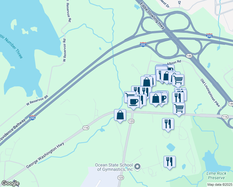 map of restaurants, bars, coffee shops, grocery stores, and more near 612 George Washington Highway in Lincoln