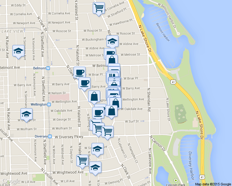 map of restaurants, bars, coffee shops, grocery stores, and more near 3013 North Broadway in Chicago