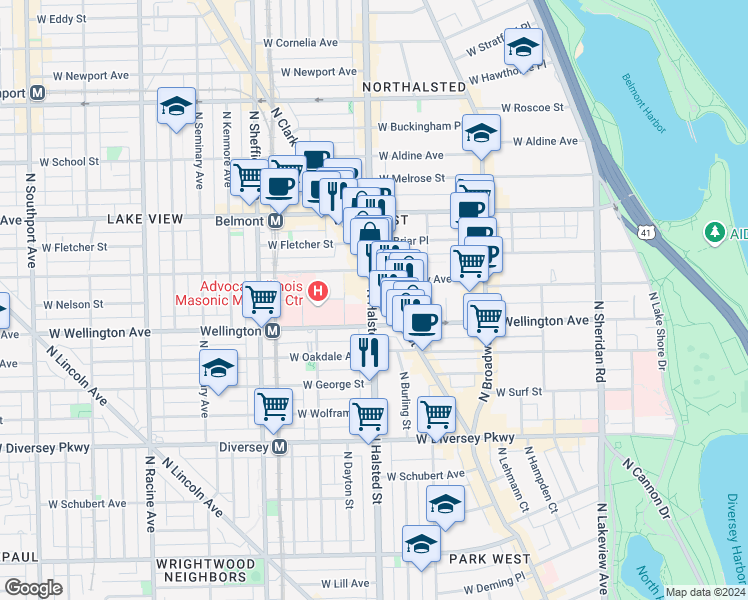 map of restaurants, bars, coffee shops, grocery stores, and more near 3016 North Halsted Street in Chicago