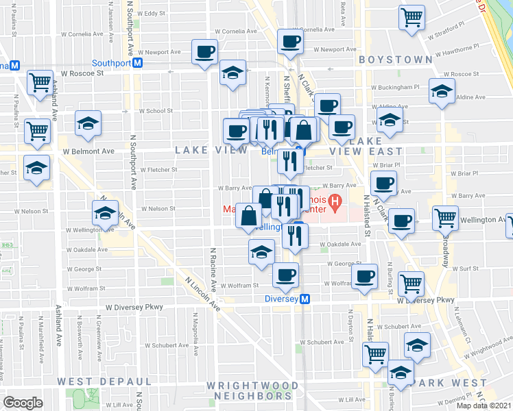 map of restaurants, bars, coffee shops, grocery stores, and more near 3024 North Kenmore Avenue in Chicago