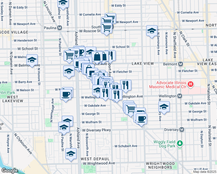 map of restaurants, bars, coffee shops, grocery stores, and more near 3033 North Lincoln Avenue in Chicago