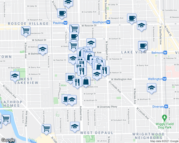 map of restaurants, bars, coffee shops, grocery stores, and more near 1530 West Nelson Street in Chicago