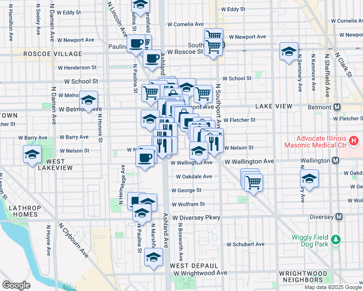 map of restaurants, bars, coffee shops, grocery stores, and more near 1530 West Nelson Street in Chicago