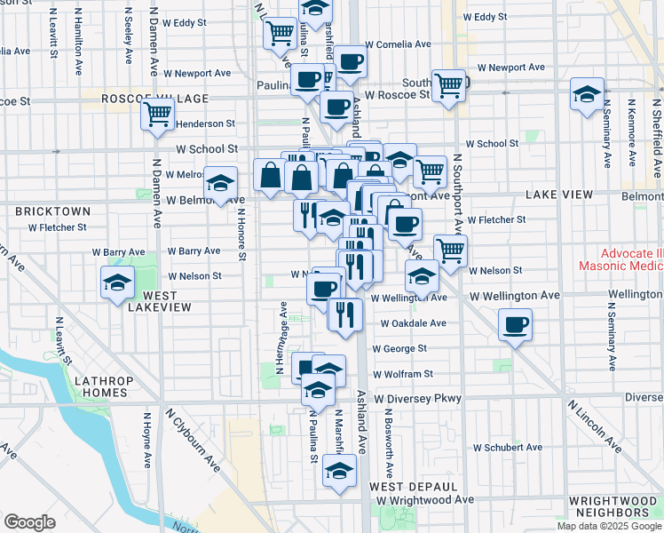 map of restaurants, bars, coffee shops, grocery stores, and more near 1648 West Nelson Street in Chicago