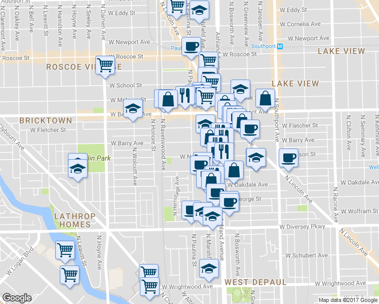 map of restaurants, bars, coffee shops, grocery stores, and more near 1648 West Nelson Street in Chicago
