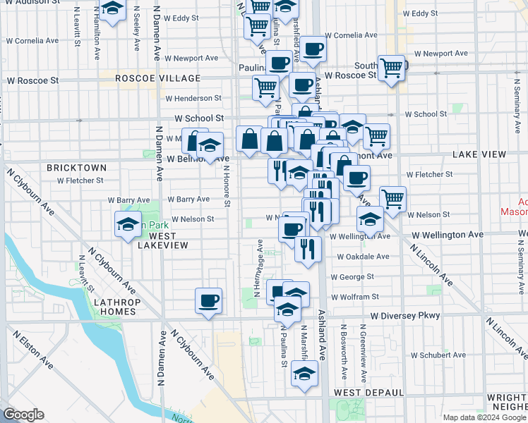 map of restaurants, bars, coffee shops, grocery stores, and more near 1726 West Nelson Street in Chicago