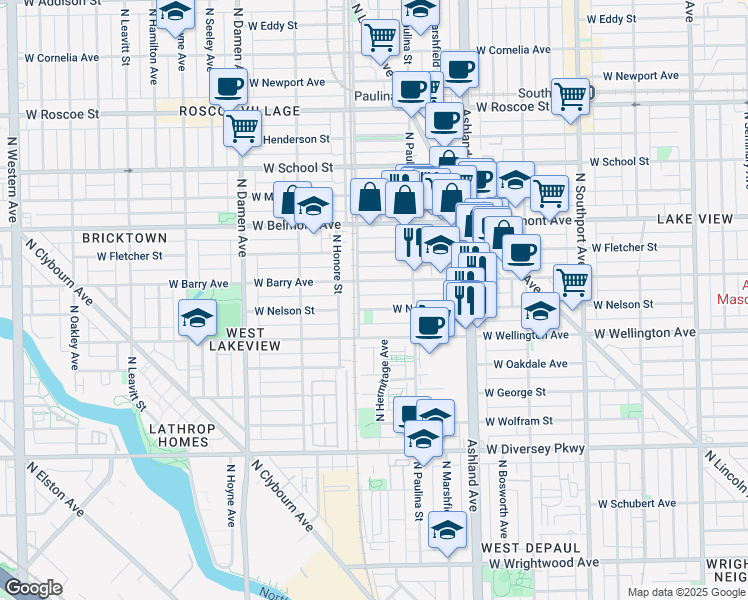 map of restaurants, bars, coffee shops, grocery stores, and more near 1726 West Nelson Street in Chicago