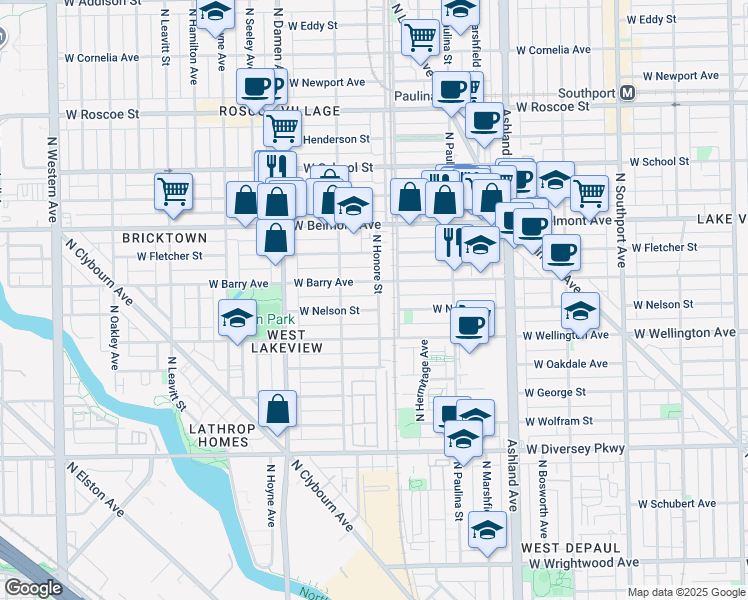 map of restaurants, bars, coffee shops, grocery stores, and more near 1834 West Nelson Street in Chicago
